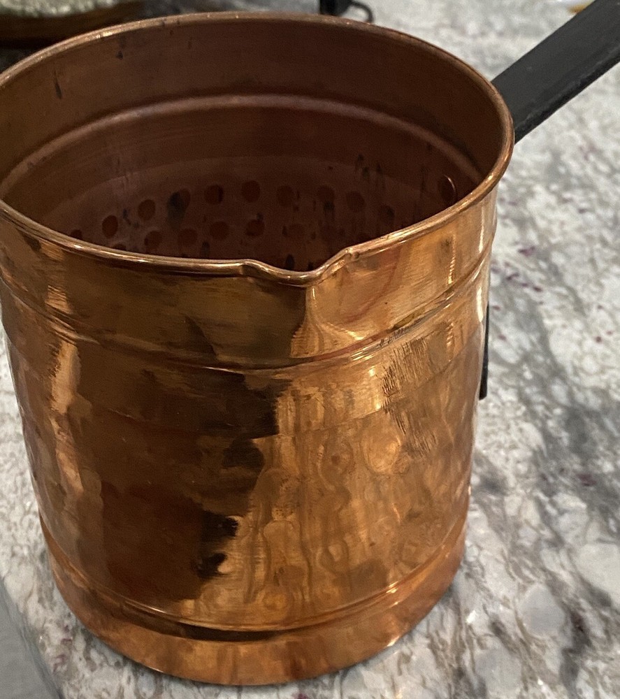 Solid Hammered Copper Pot 8”wide with Long Cast Iron Handle For Hanging. Mint!