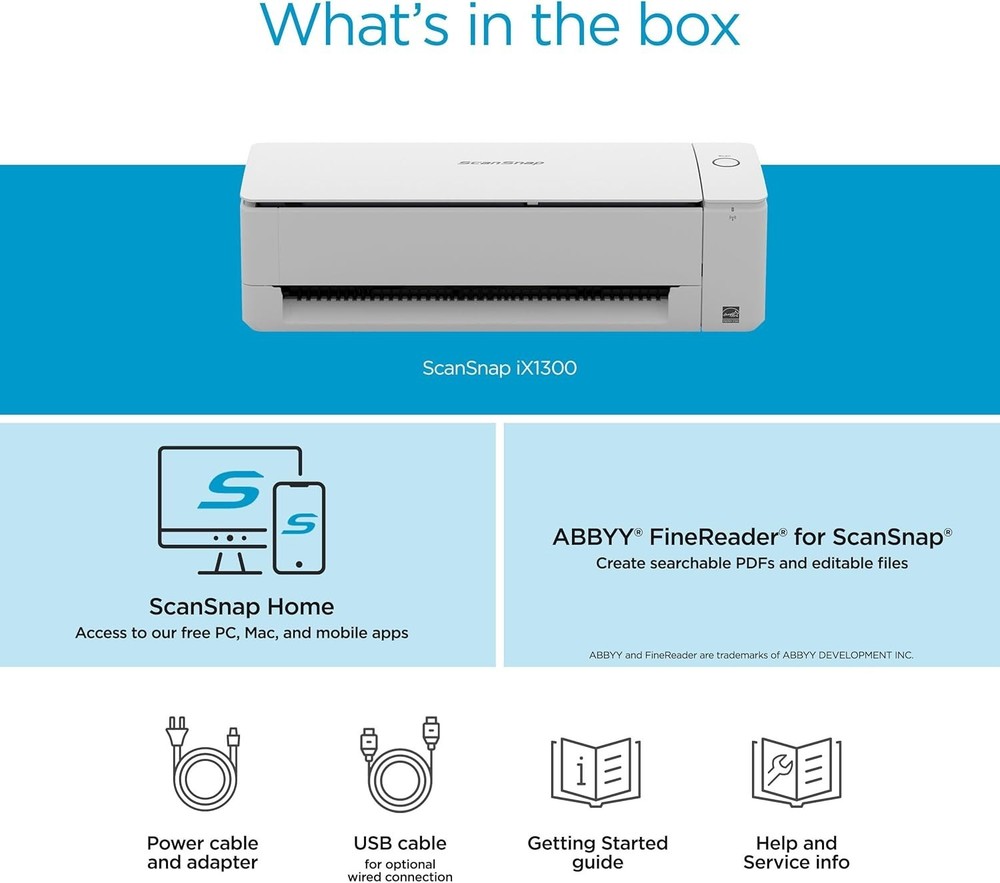 ScanSnap iX1300 Compact Wireless Scanner 30ppm Double-Sided USB Mac PC-White