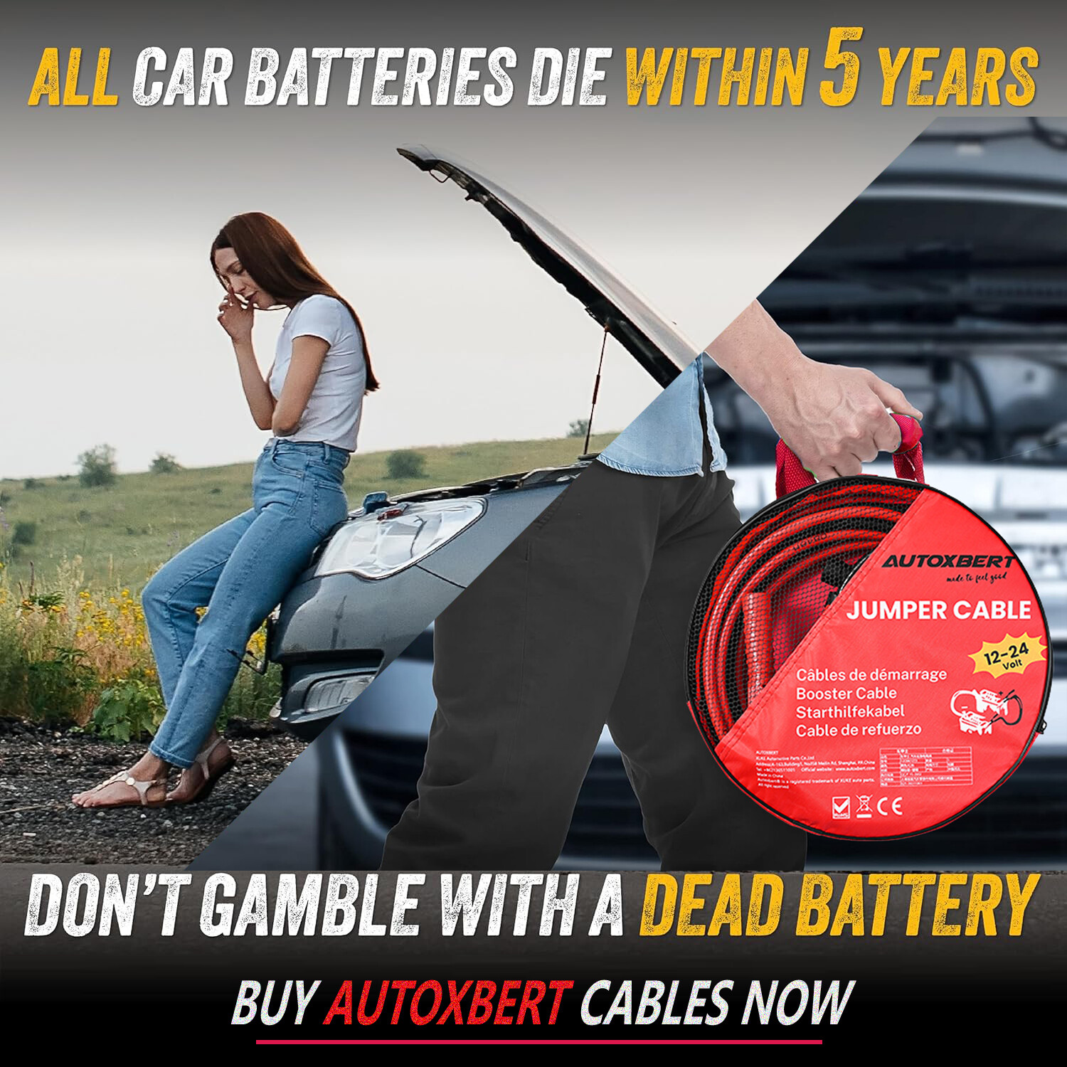 HEAVY DUTY BATTERY BOOSTER CABLE CAR EMERGENCY JUMPER 4 GAUGE 20 FT JUMP STARTER