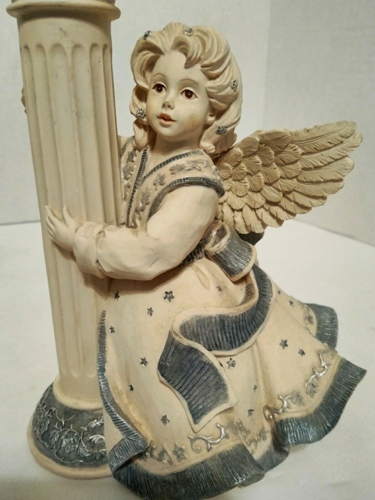 Sarah's Pair Angels Candle Holders White Blue Mindspring