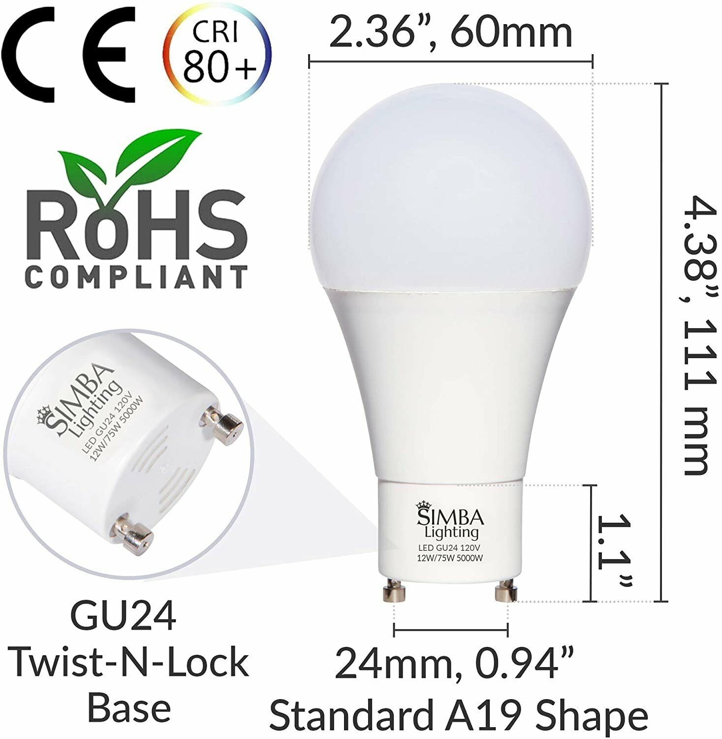 [4 Pack] LED GU24 A19 12W 75W 100W Replacement Twist Base 120V 5000K Daylight