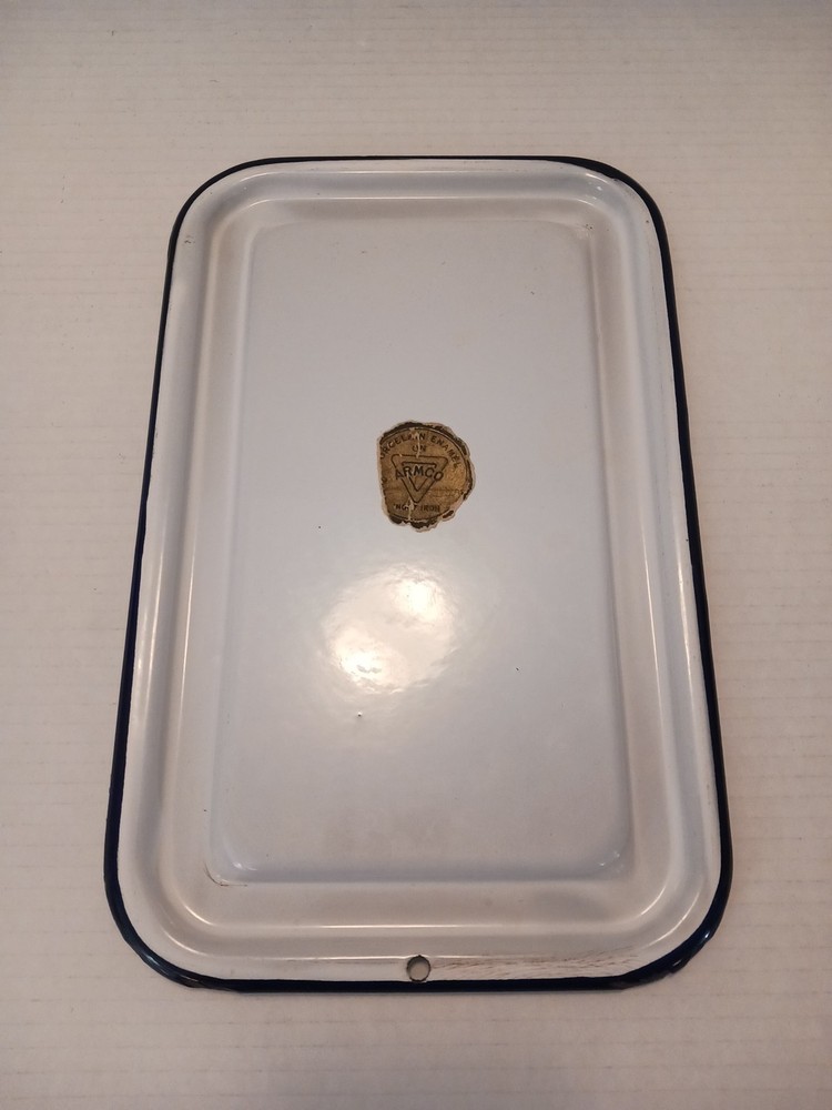 Vtg Enamelware White Rectangular Lid Blue Trim Armco Porcelain Enamel Ingot Iron