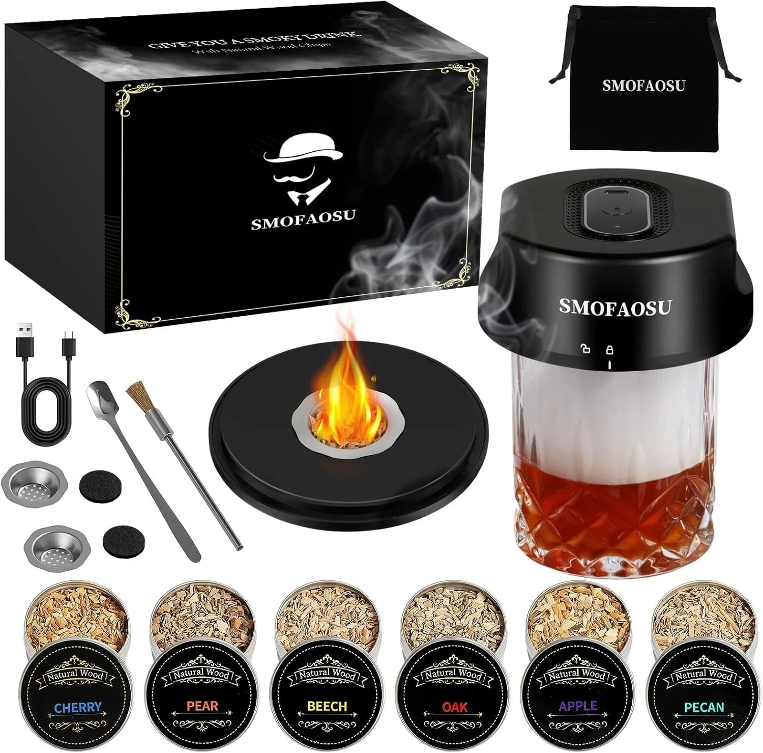 Electric Whiskey Smoker Kit with 6 Flavors Wood Chips & LED Light,