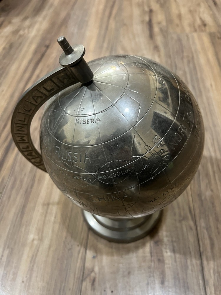 Large Globe, World Map Engraved in Chrome Silver Metal 13”