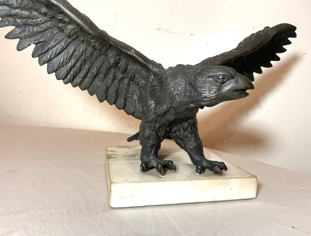 antique solid bronze marble open winged American bald eagle statue sculpture