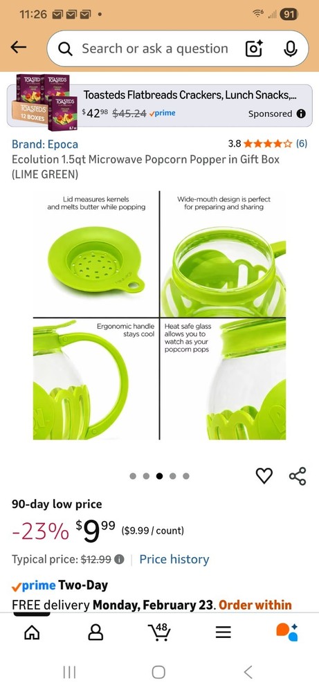 NIB EPOCA ECOLUTION POPCORN POPPER - GREEN - MICROWAVE - 1.5 QT
