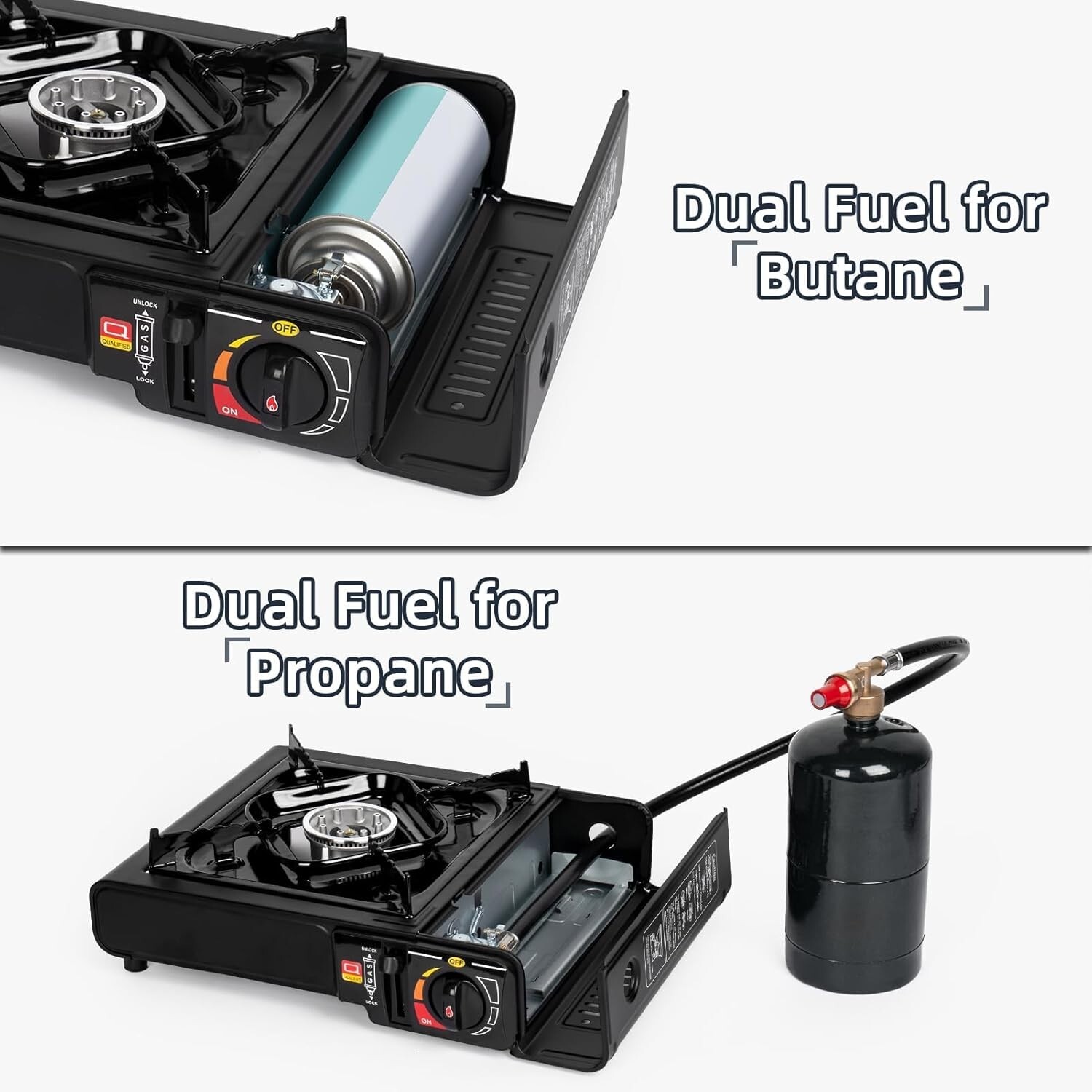Black Portable Dual Fuel Stove Camping Stove w/ Case+26" Propane Regulator Hose