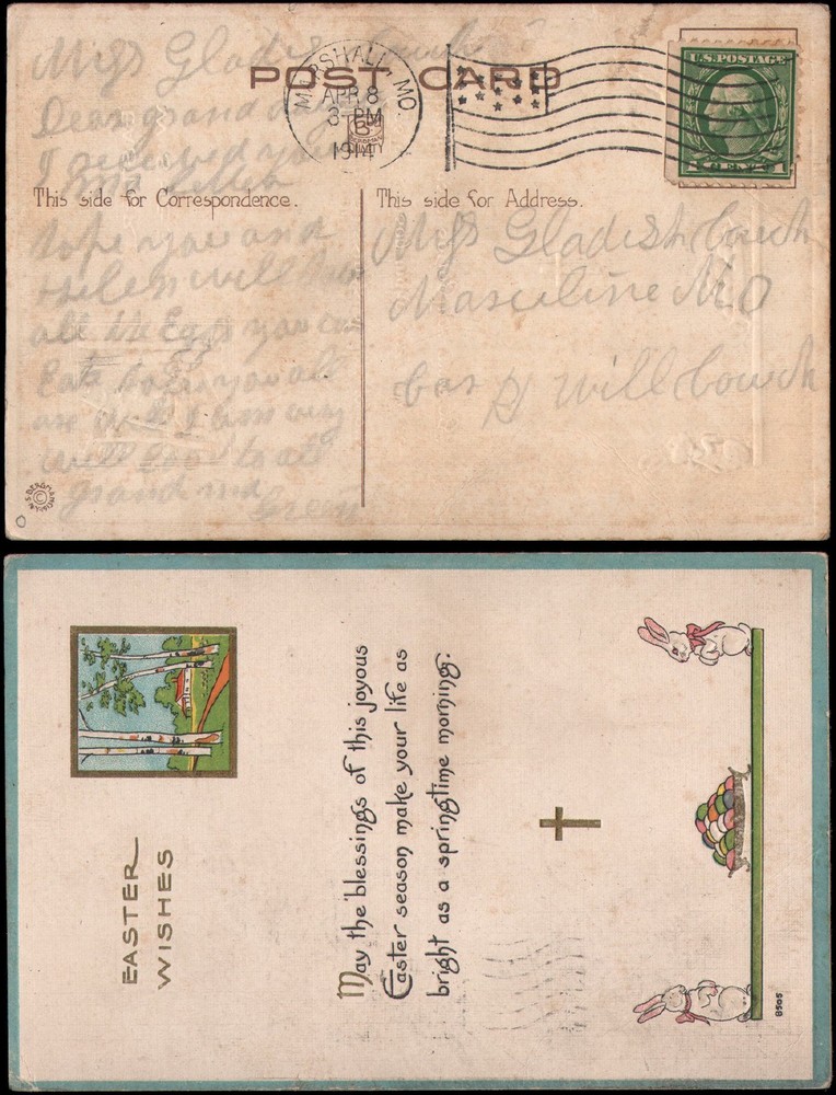 Easter postcard, Markshall MO, 1914, flag cancel