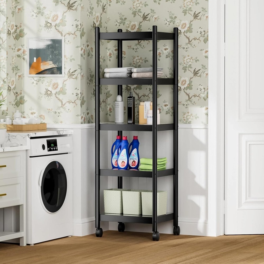 Compact 5-Tier Black Storage Shelves - Rust-Proof Utility Solution with Wheels