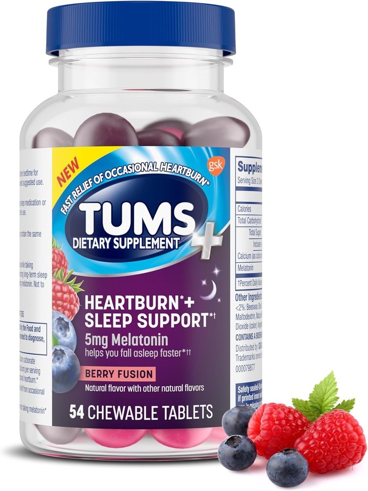 TUMS Heartburn Plus Sleep Support Chewable Dietary Supplement Tablets for...