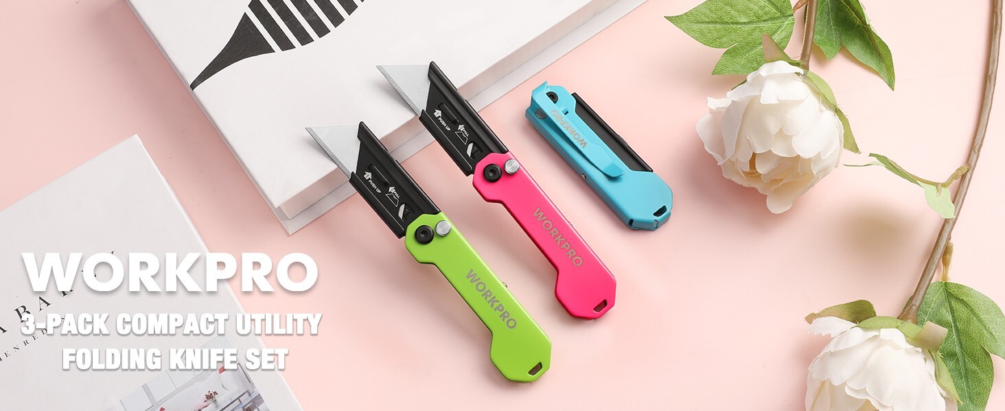 WORKPRO 3-Pack Folding Utility Knife Set Quick Change Blade Box Cutter EDC Knife