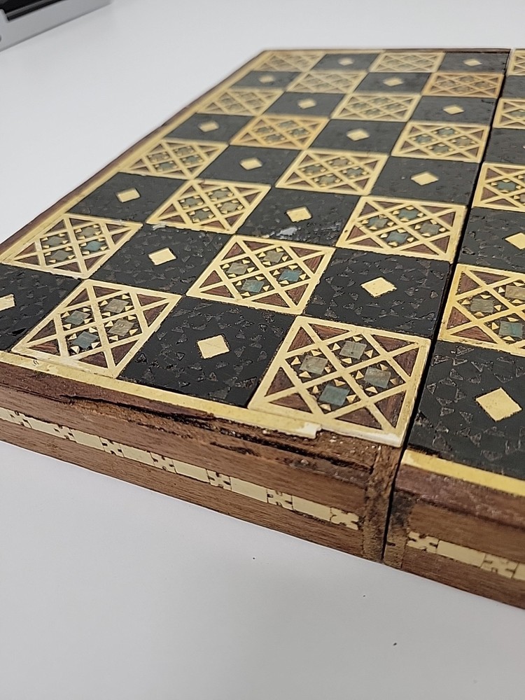 Inlaid Handcarved Bone Chess Set With Board Missing Knight Replaced With Bone