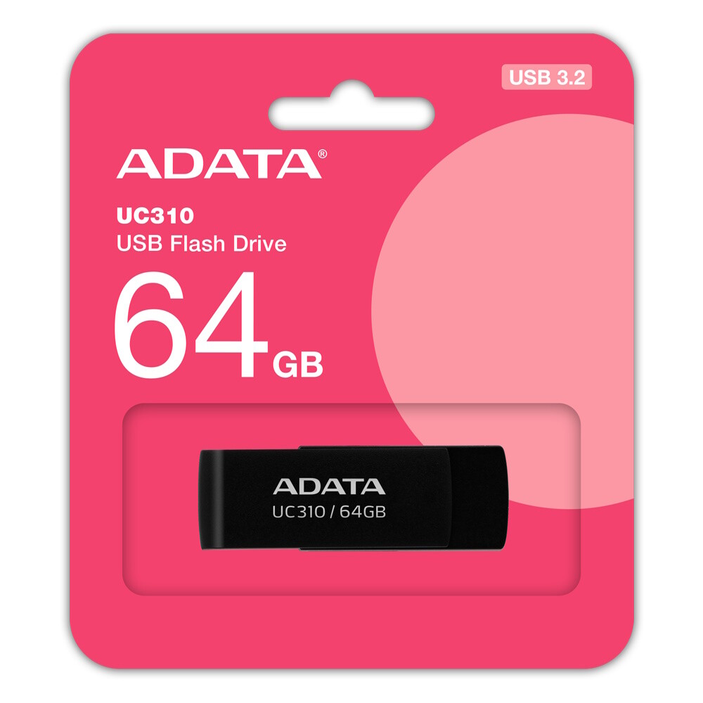 64GB AData UC310 USB 3.2 Flash Drive - Black Capless Swivel