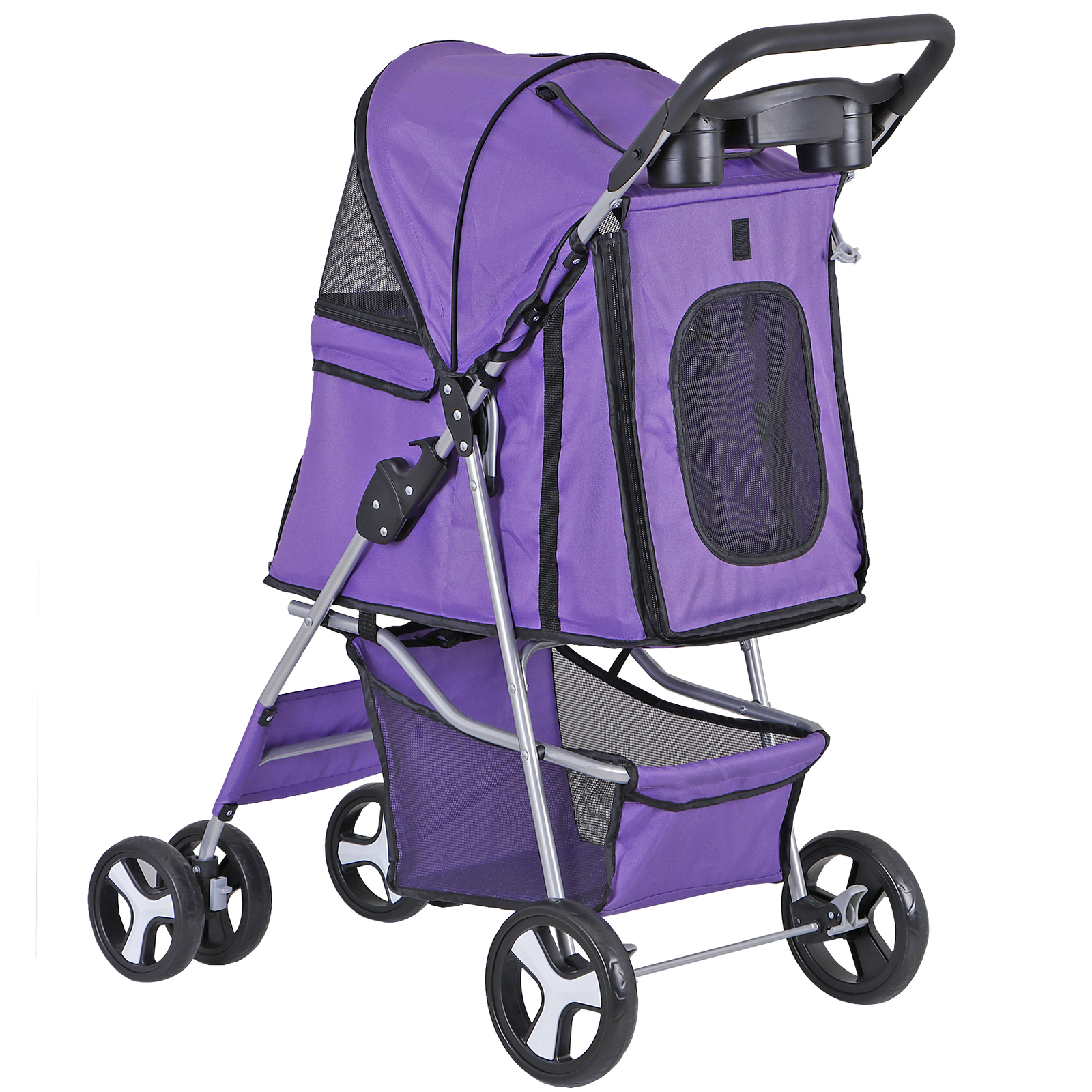 4 Wheel Dog Stroller Pet Stroller Travel Carriage w/Foldable Carrier Cart Purple