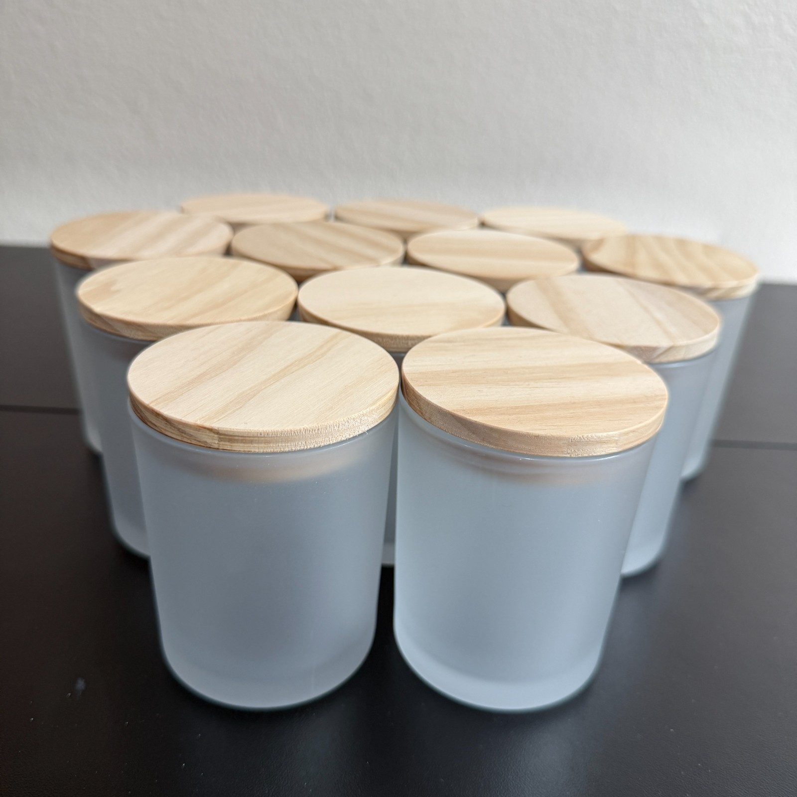Frosted Clear Glass Candle Container With Wooden Lid Capacity 7 Oz Lot Of 12
