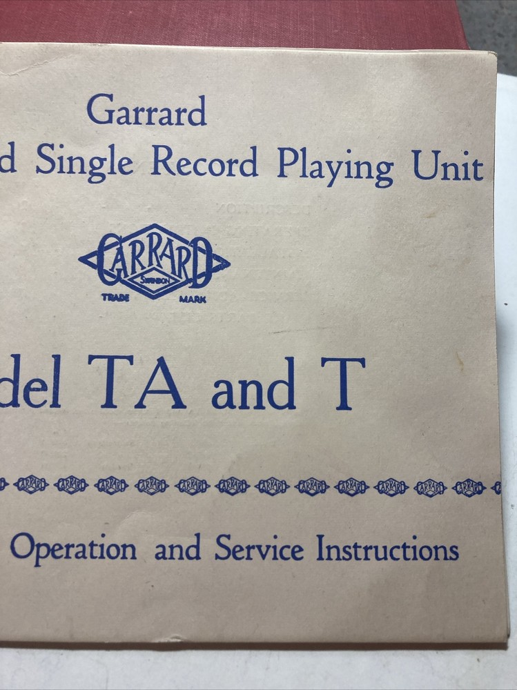 Garrard three speed single record Playing Unit Instructions Model TA And T B3f2