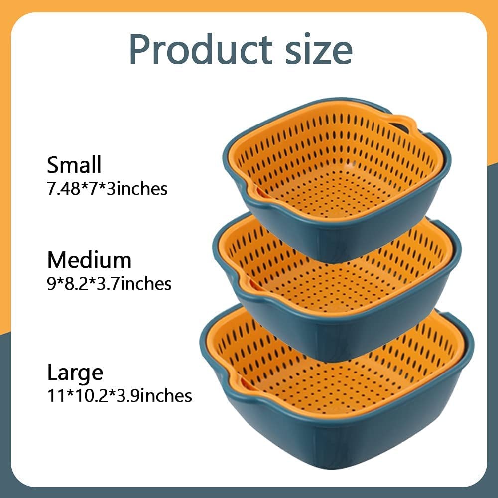 Blue Yellow Vegetable Washing Baskets Multi-Layer Stackable Colander Set Tool