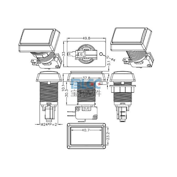 Blue Arcade Square Rectangle Buttons LED Push Illumilated W/ Microswitch C