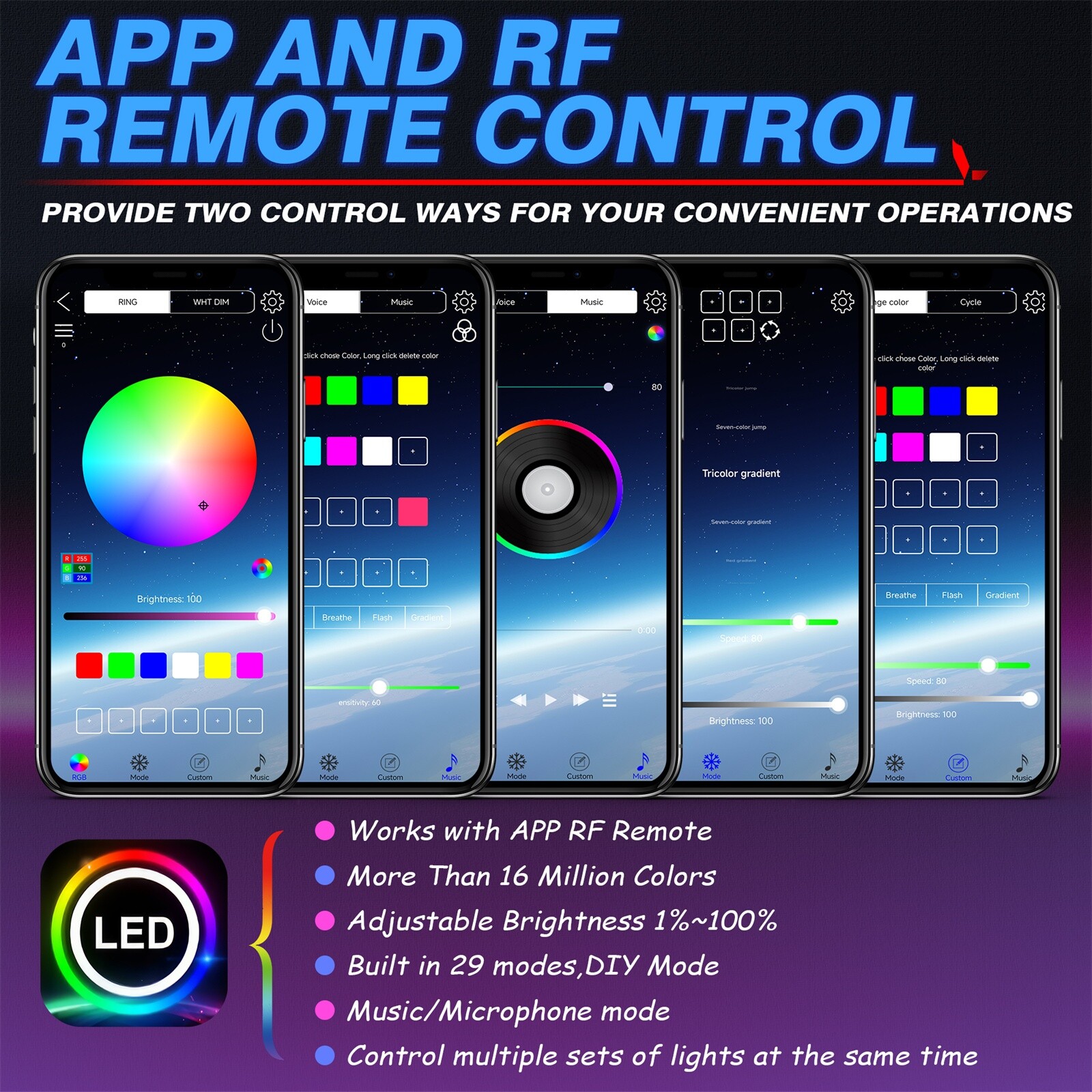 RGB 10-in-1 Interior Car LED Strip Light Neon Ambient Light Kit Fiber Optic Tube