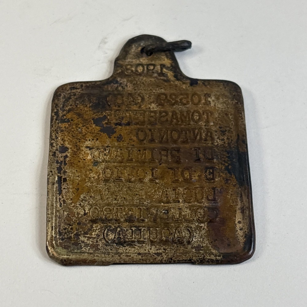 WW1 Italian Army dog ID Tag 1908 Tomassetti Antonio Collepietro (Aquila) 49B85