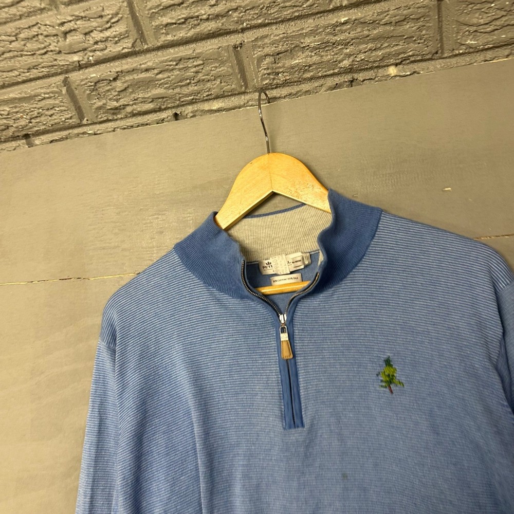 Peter Millar Mens Pullover Quarter Zip Sweater Blue Stripe Tree Logo Size L