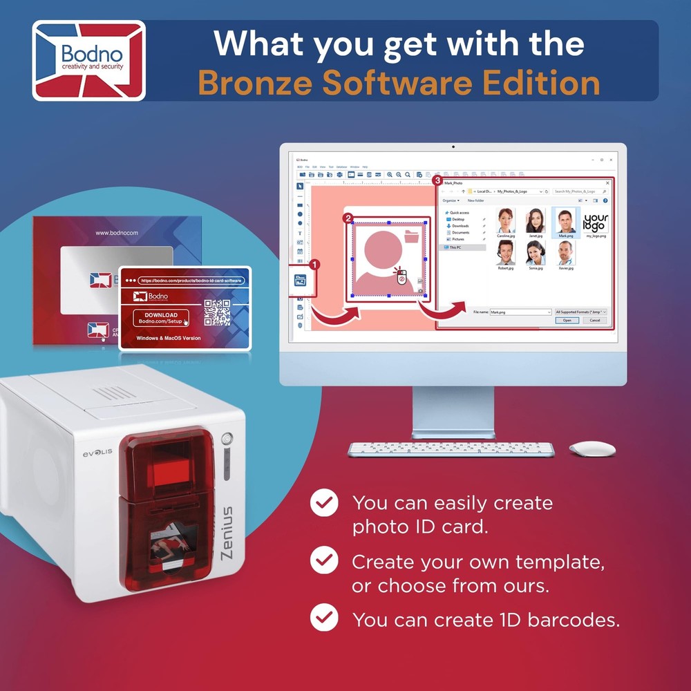 Bodno Evolis Zenius Single Sided ID Card Printer & Complete Supplies Package