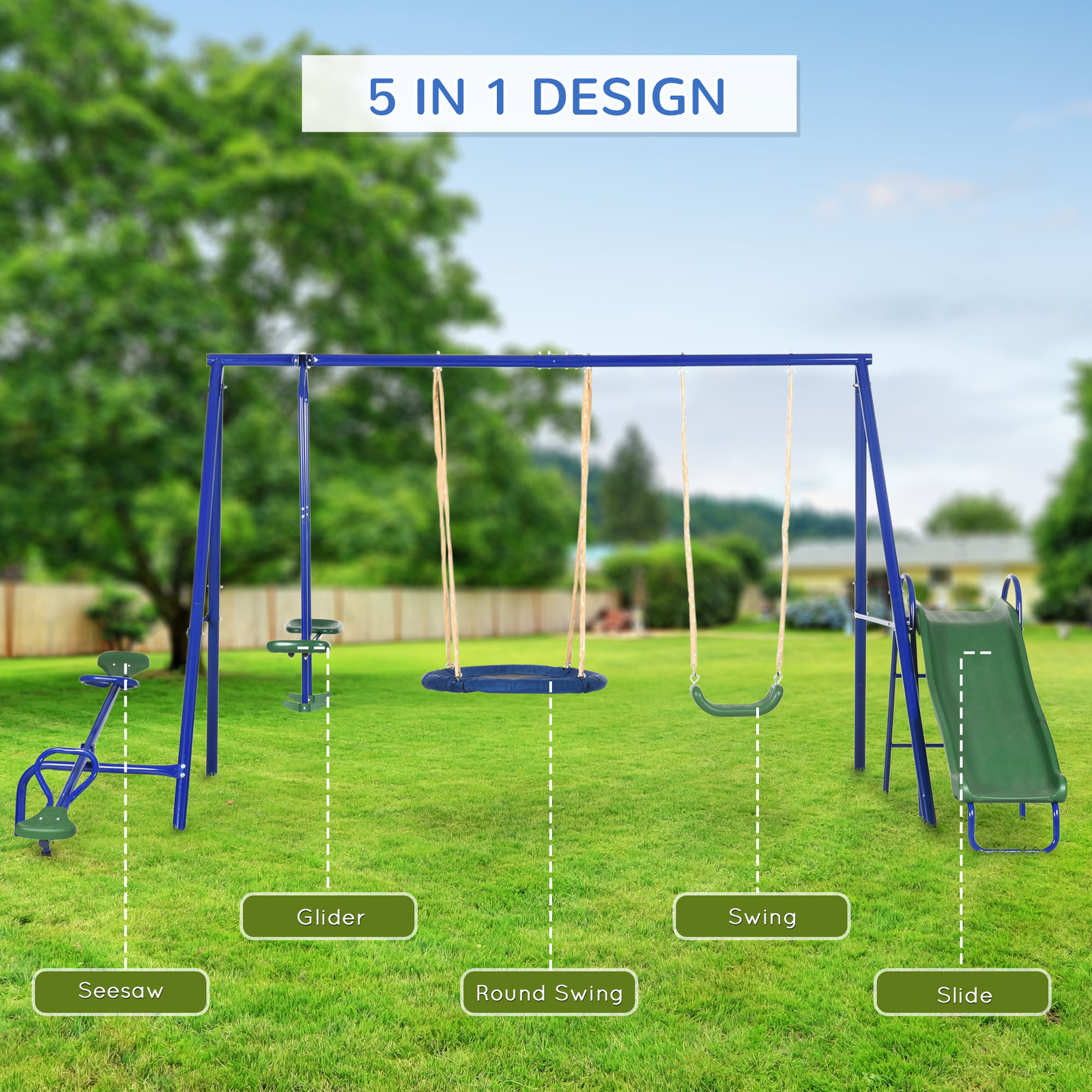 Outsunny Metal Swing Set for Kids with Double Swings Slide Seesaw Glider