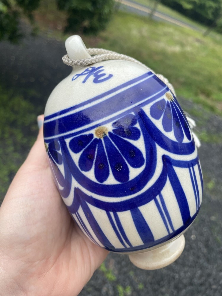 Vintage Blue White Stoneware Ceramic Hanging Pottery Oval Sphere