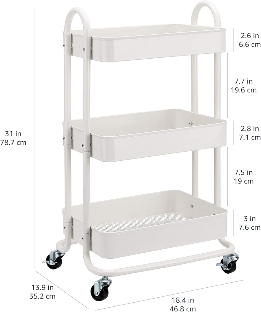 3-Tier Rolling Utility Cart, Storage Organizer, Lockable Wheels, Multifunctional