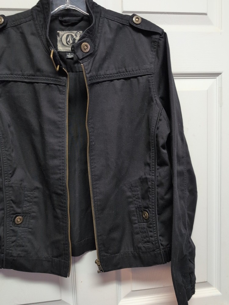 Volcom Black Lightweight Jacket Size L Full Zip Pockets Snaps Elastic Sides