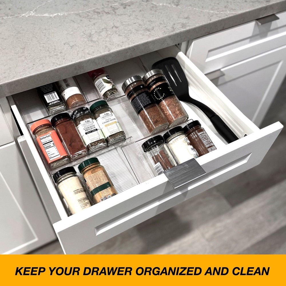 Adjustable, Expandable Plastic Spice Rack, Drawer Organizer for Kitchen Cabinet