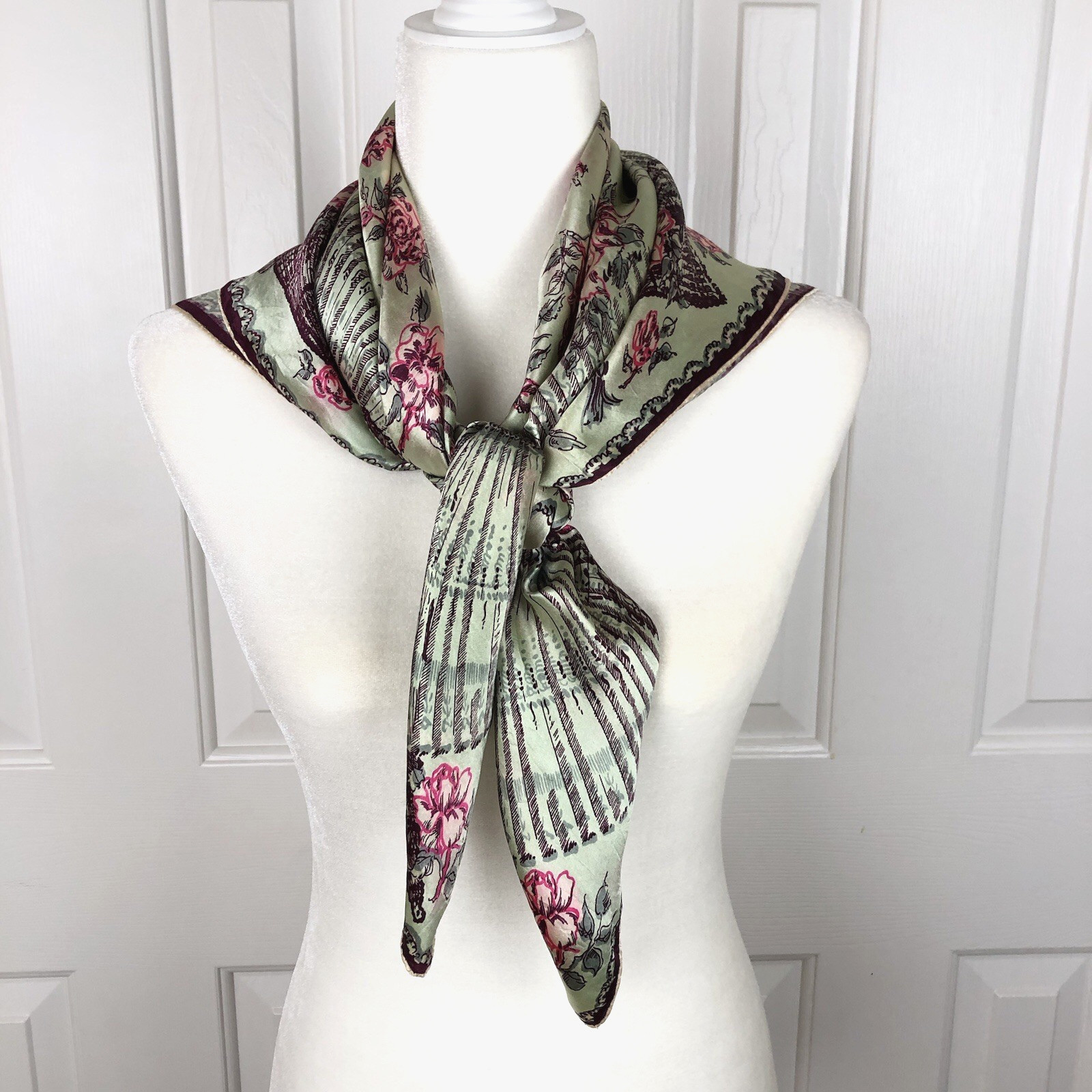 Vintage Silk Scarf Fans Flowers Satin Hand Rolled Green Pink Roses Square 33"