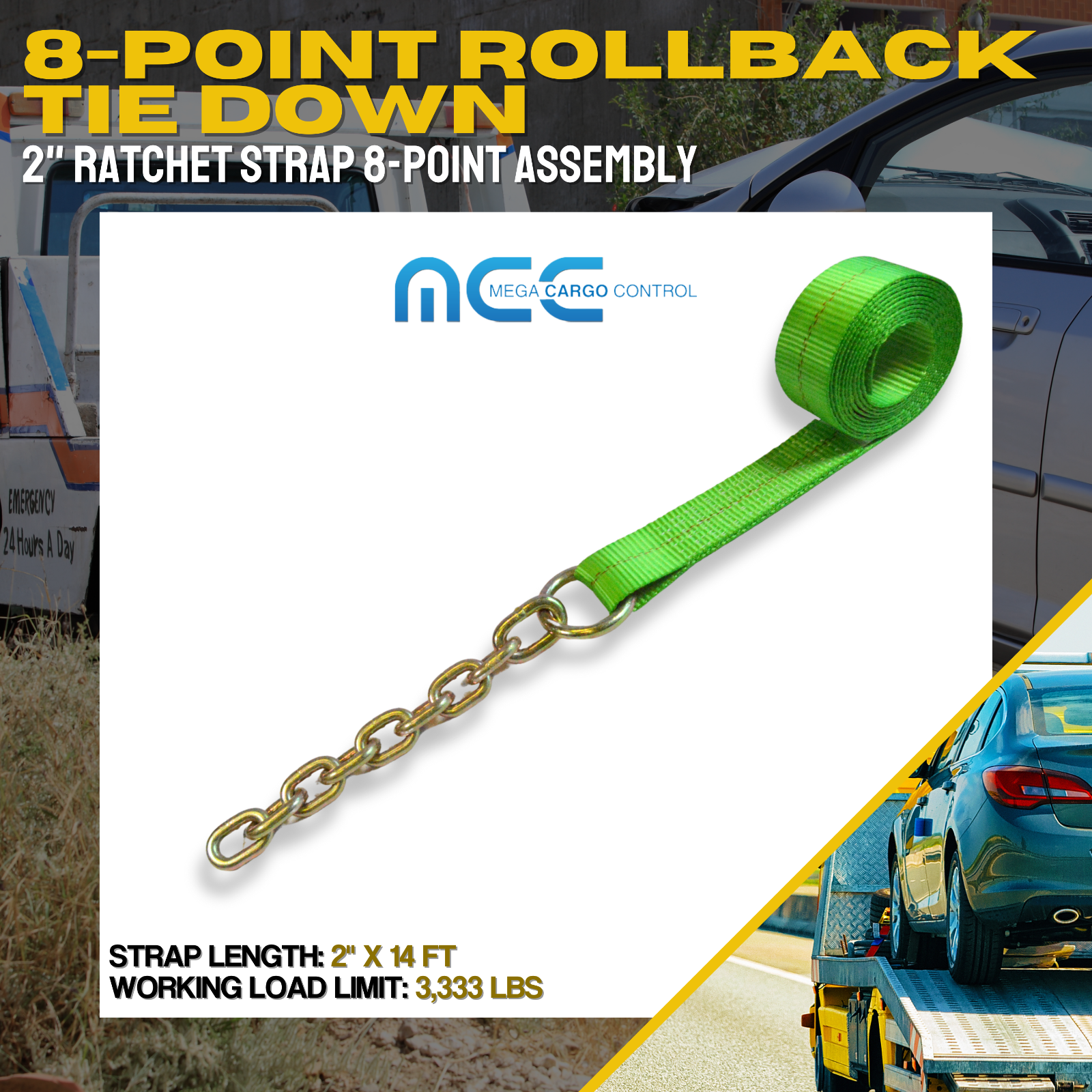 8 Point Roll Back Tie Down System w/ Chain Ends for Car Hauler Carrier Tow Truck