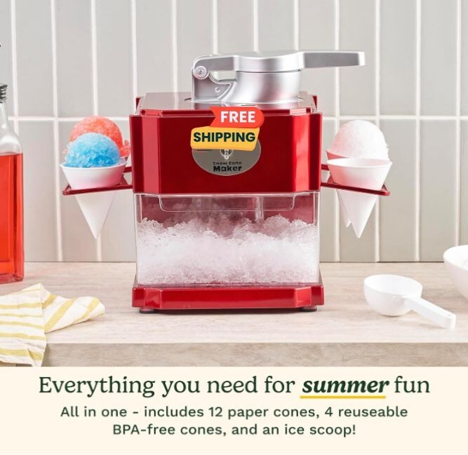 Snow Cone Machine, Home Shaved Ice Maker, Makes 5 Icy Cones for Slushies, Red