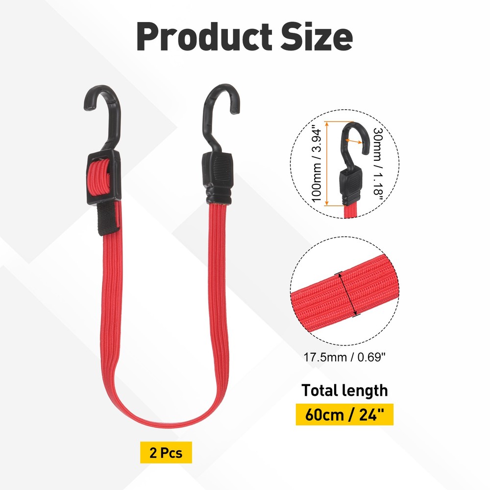 2pcs Adjustable Bungee Cords with Hook 24" Elastic Bungee Strap, Red