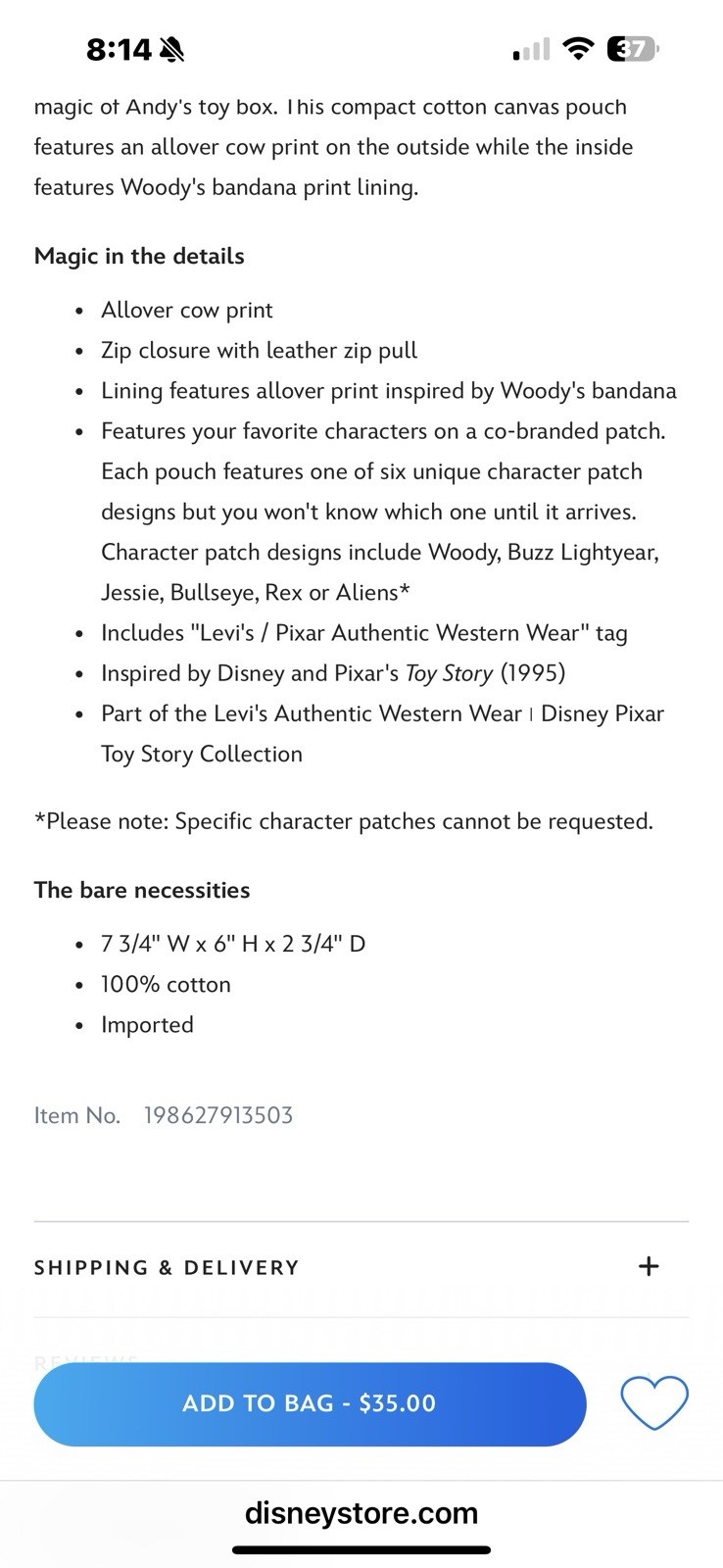 LEVI'S X TOY STORY COW POUCH With Buzz Patch Exclusive Limited Edition Disney