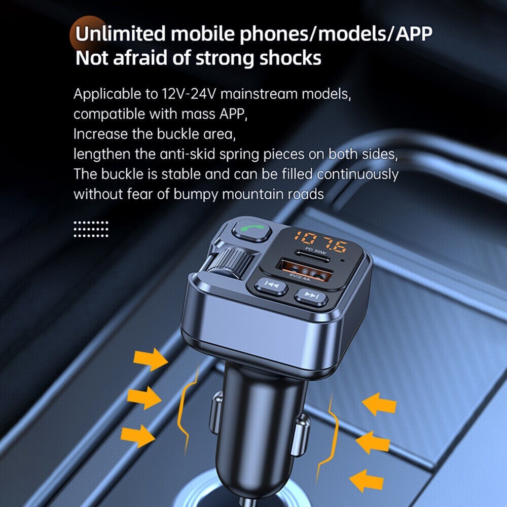 Bluetooth 5.1 Car Wireless FM Transmitter Adapter PD 30W USB Charger Hands-Free