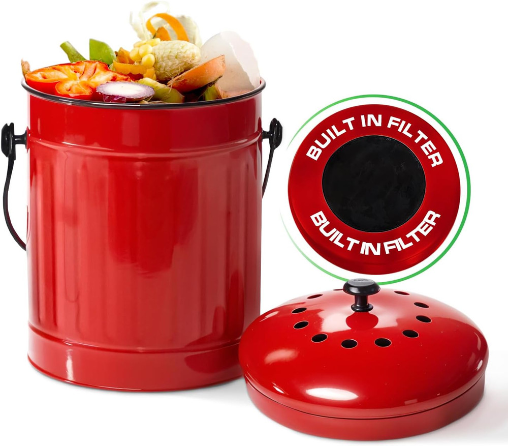Plexon Countertop Compost Bin with Lid, Red 1.5 Gallon Odorless Kitchen Compost