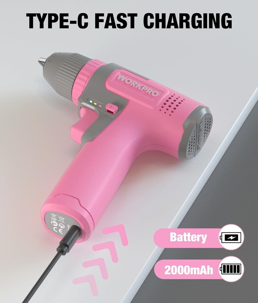 Versatile and Chic 8V Pink Cordless Drill with USB-C Charging & Variable Speed