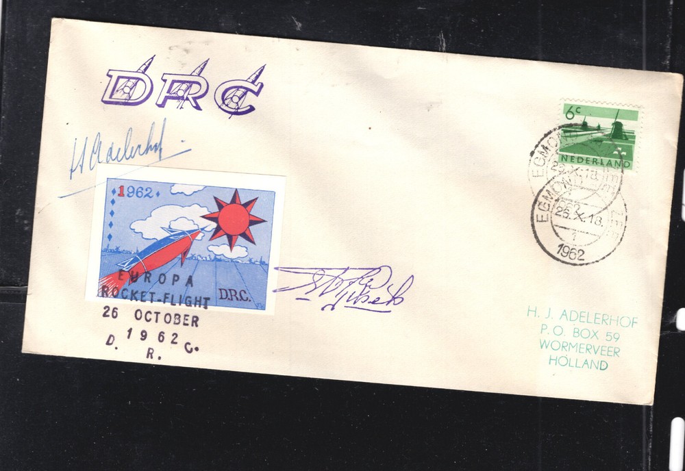 Netherlands  rocket  flight  cover, label,  signed