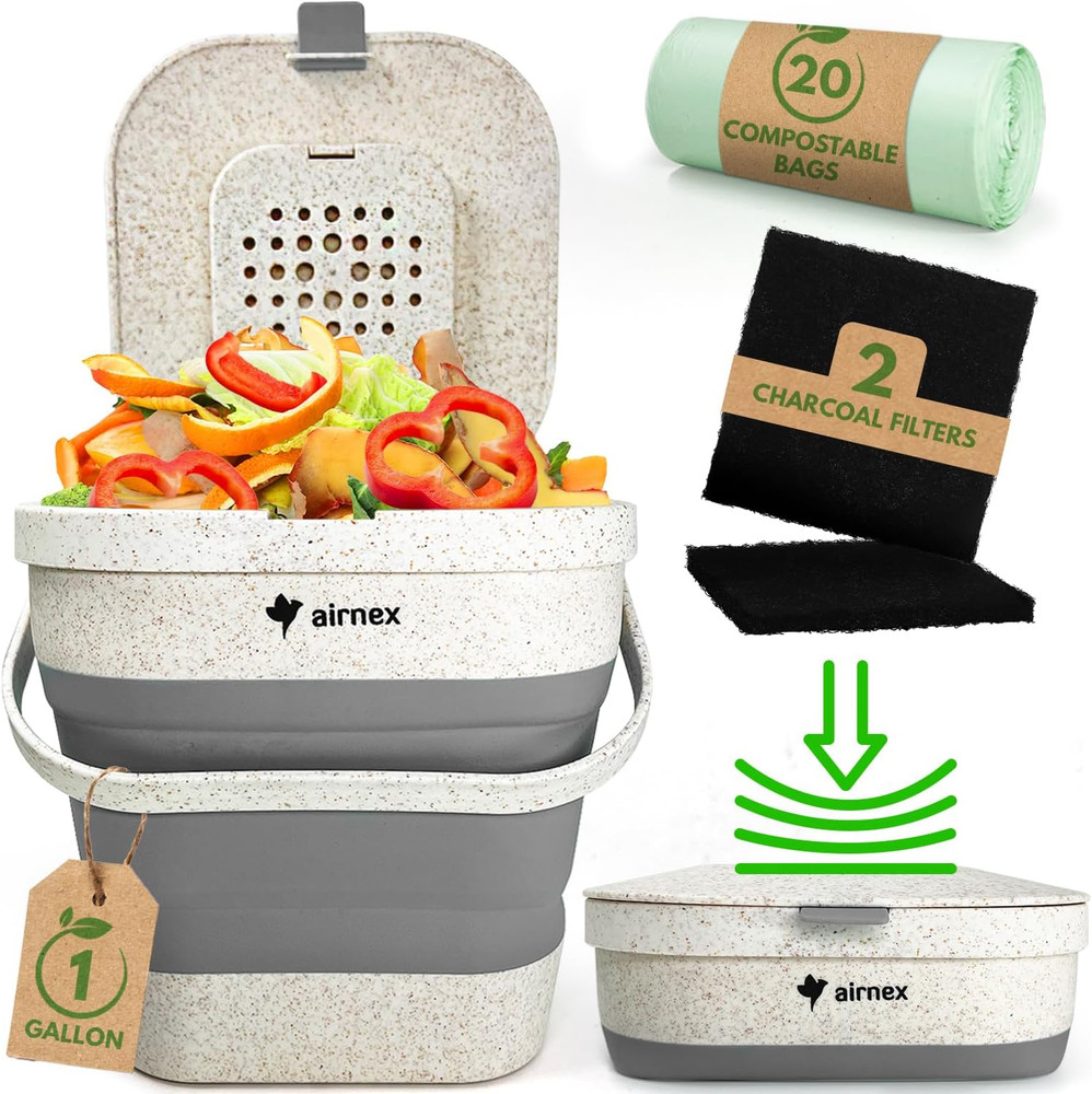 Collapsible Compost Bin Kitchen Counter Caddy - 1 Gallon Countertop Compost Bin