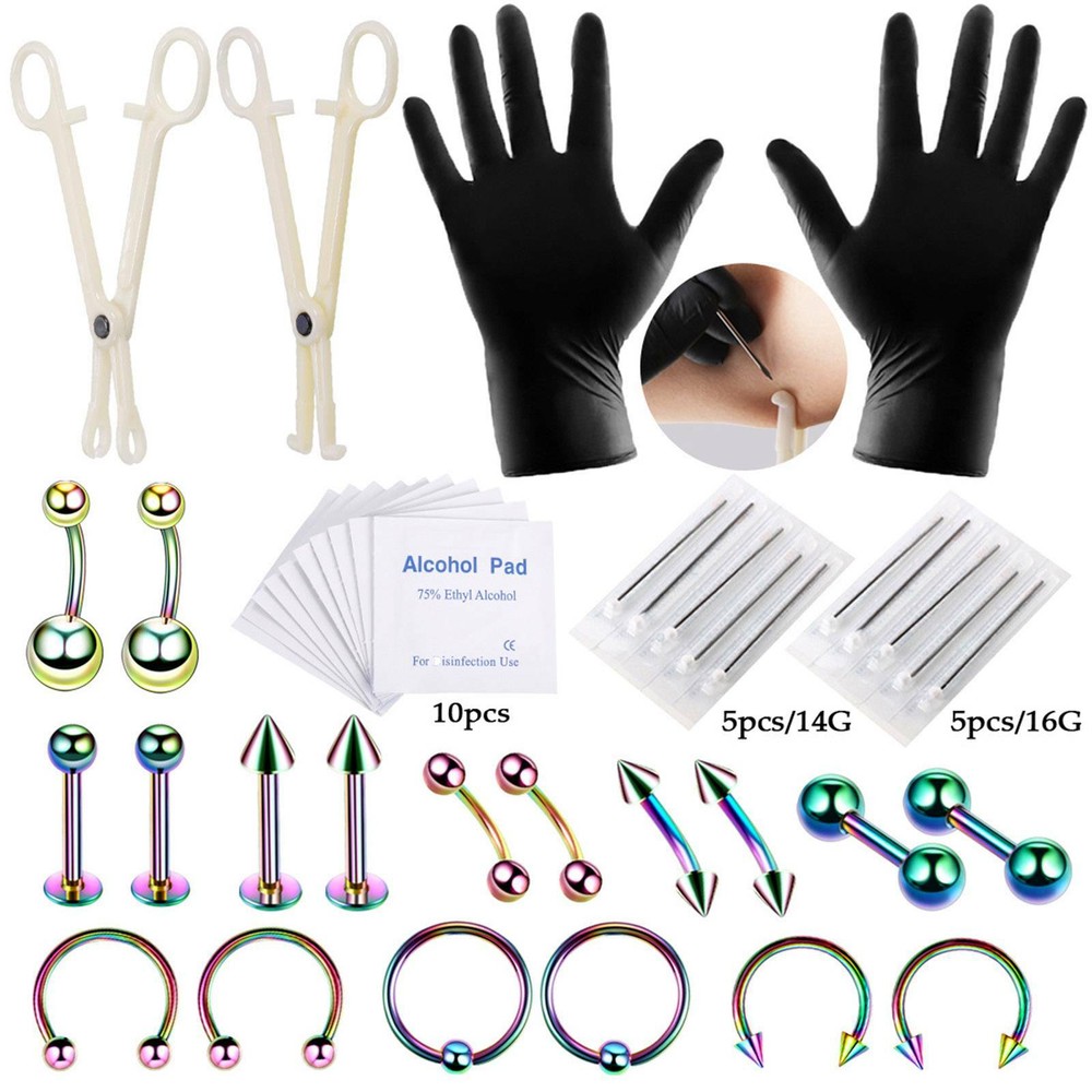 42Pcs Body Piercing Tools Kit Eyebrow Lip Ear Stud Belly Button Ring Needles Set