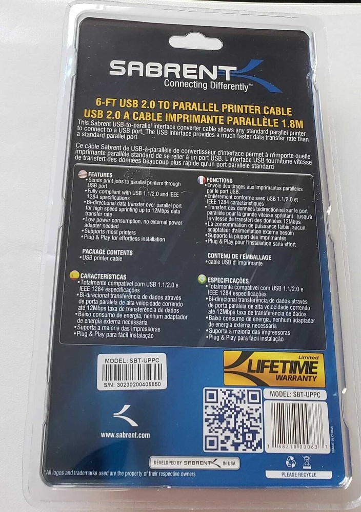 Sabrent 6ft usb 2.0 parallel printer cable IN-BOX NEW