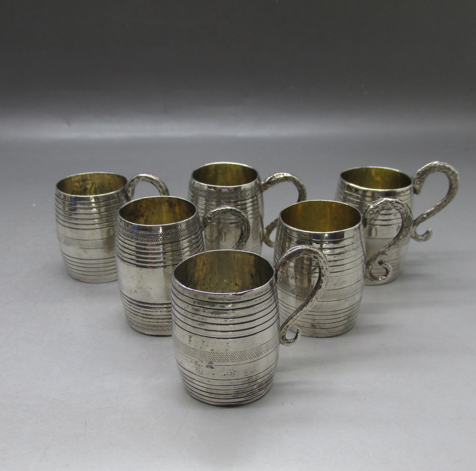 ANTIQUE RARE SET 6 SOLID SILVER TOT CUPS-KINGDOM OF TWO SICILIES 4CM 130g c1840