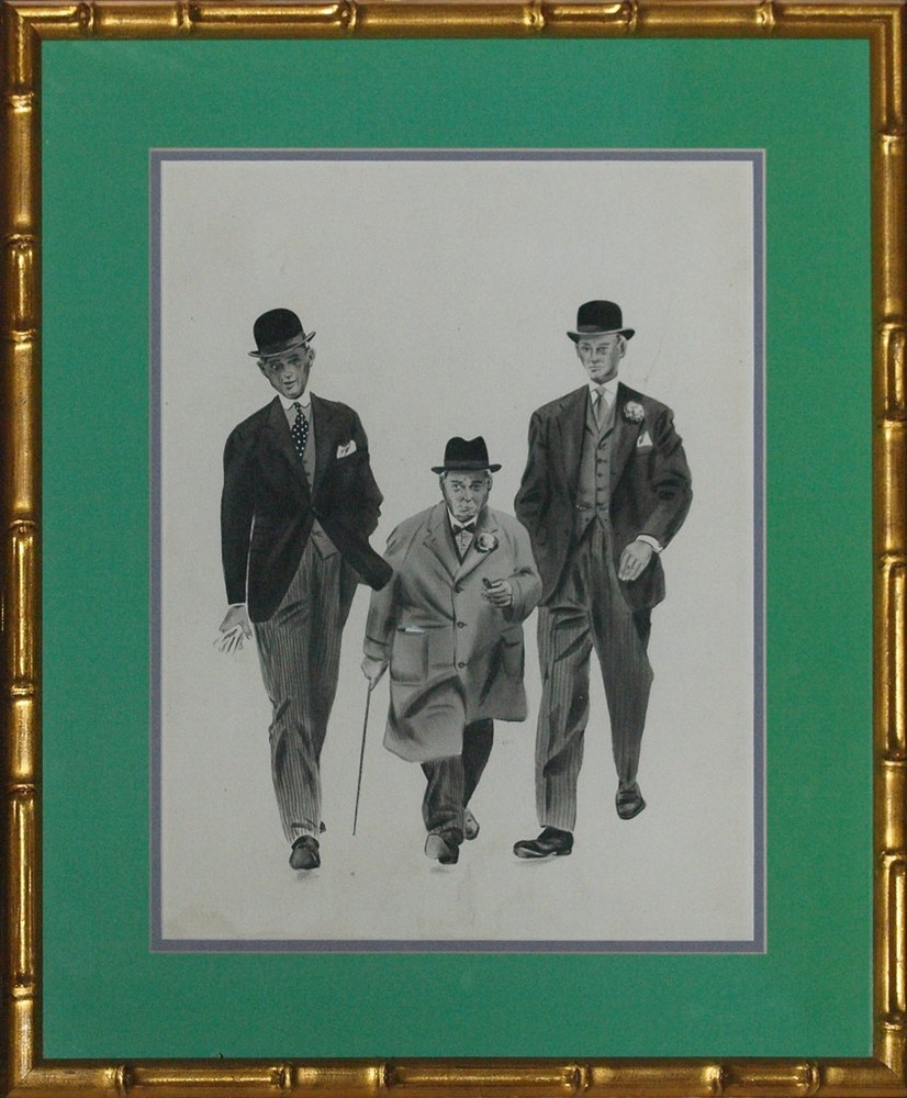 Three Gents Strolling Pen & Ink Drawing