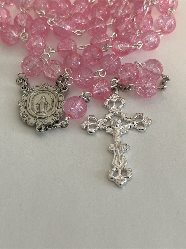 Pink 8mm Crackle Glass Prayer Catholic Rosary Beads