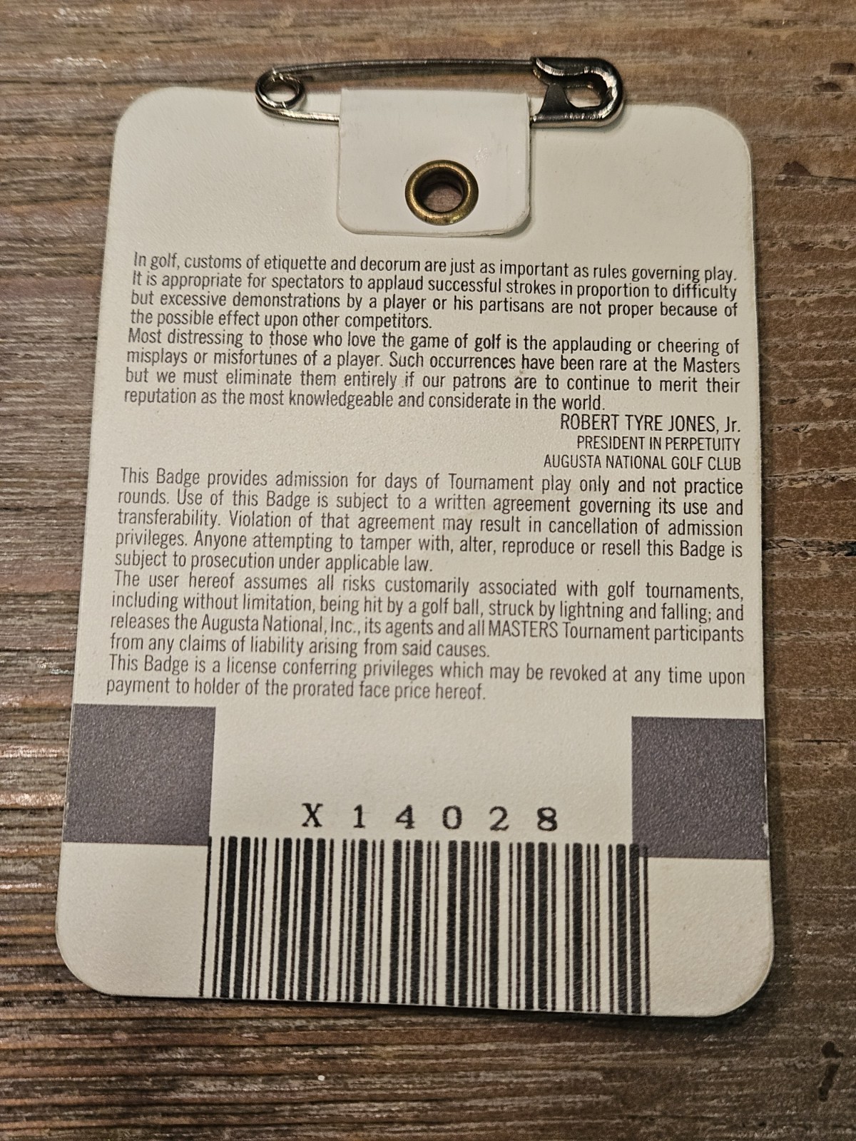 1995 Masters Badge Tiger Woods 1st Masters ANGC