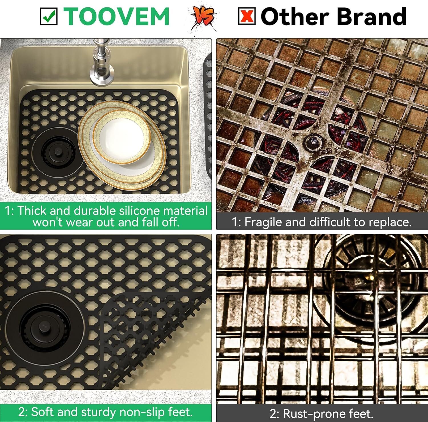 2PCS TOOVEM Kitchen Sink Mats Folding Farmhouse Rear Drain Sink Mats 13.6x11.6''