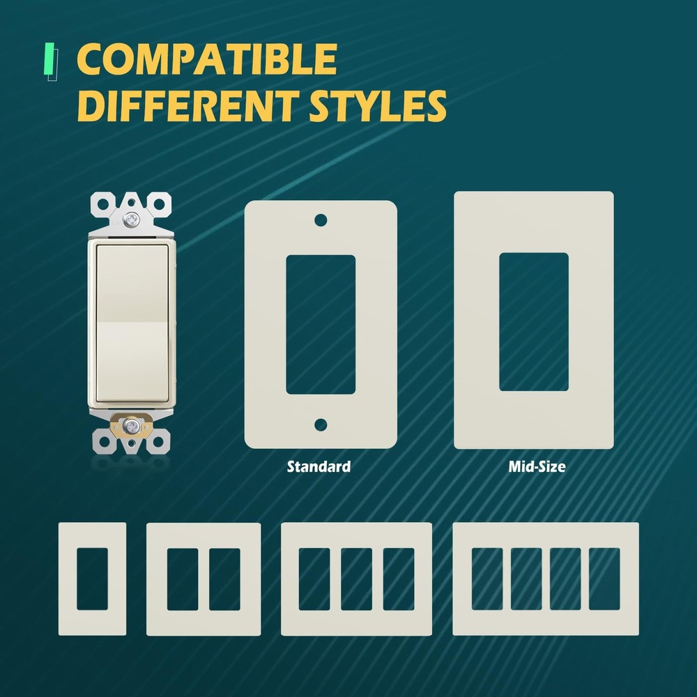 Decorator Wall Light Switch, 15Amp Single Pole On/Off Paddle Switch, Self-gro...