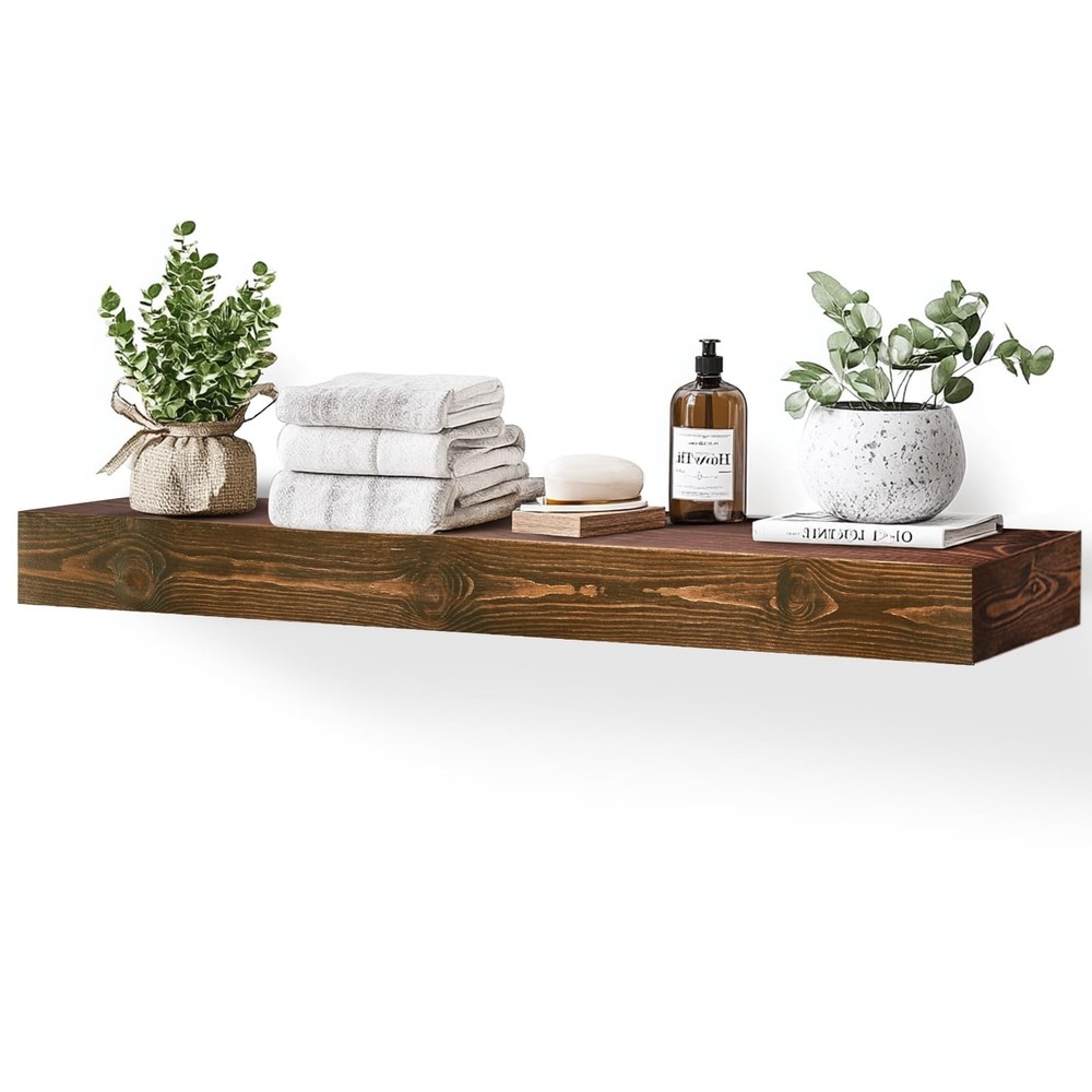 48x3x7in Solid Wood Floating Shelf – Brown Rustic Wall Mounted Fireplace M